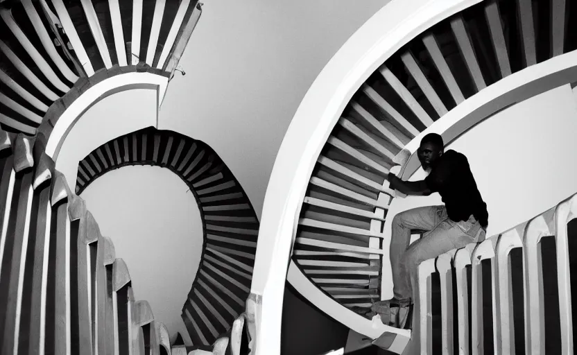 Image similar to frank ocean building a spiral staircase in the centre of the room, greyscale,