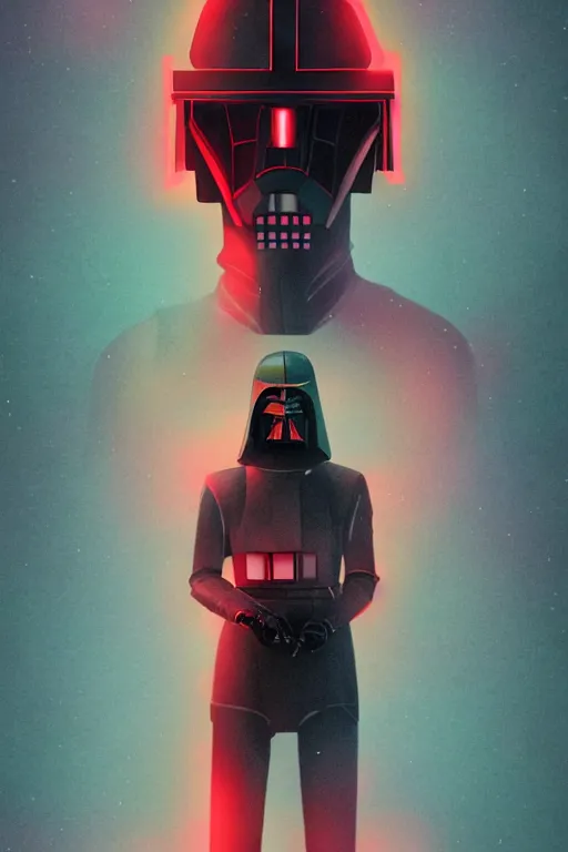 Prompt: full body star wars sith lord, blade runner 2 0 4 9, scorched earth, cassette futurism, modular synthesizer helmet, the grand budapest hotel, glow, digital art, artstation, pop art, by hsiao - ron cheng