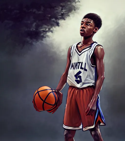 Prompt: portrait of a boy at a basketball court playing basketball wearing a basketball jersey in a basketball court standing near the basketball hoop, intense emotion, detailed facial expression, detailed surroundings, intricate, elegant, highly detailed, centered, digital painting, artstation, concept art, smooth, sharp focus, illustration, by (Steven Spielberg), WLOP