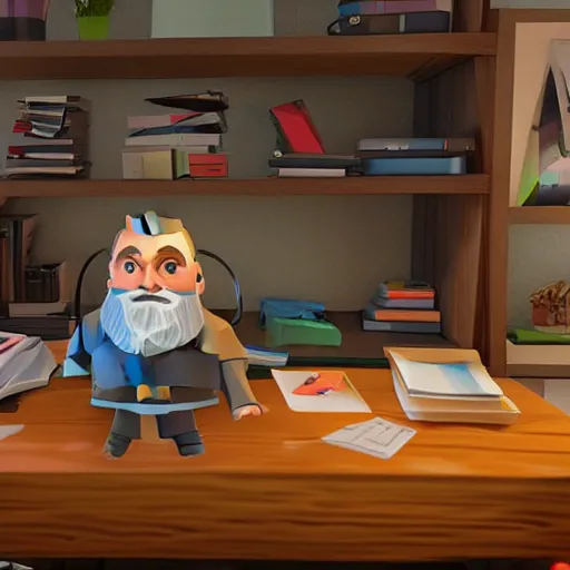 Prompt: A low poly dwarf peeking over his desk surprised at the amount of mail on the desk, deep rock galactic, video game