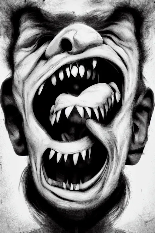 Image similar to his endless screaming makes his own mind eat him up, abstract, surrealism, black and white, artstation, deviantart, pinterest, 8 k