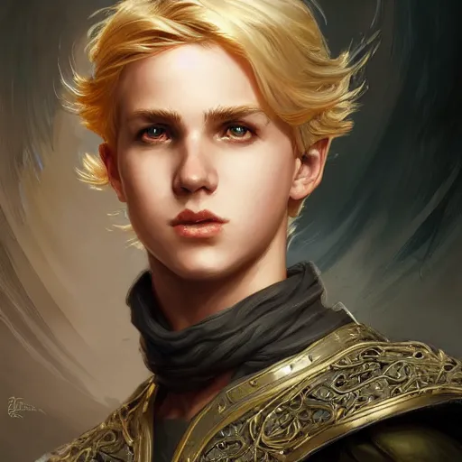 Image similar to an epic fantasy comic book style portrait painting of a young blonde boy who is over confident, wearing plain thief clothes, d & d, fantasy, intricate, elegant, highly detailed, digital painting, artstation, concept art, matte, sharp focus, illustration, art by artgerm and greg rutkowski and alphonse mucha