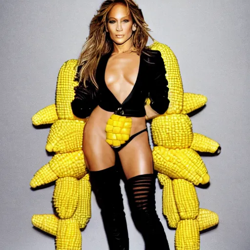 Image similar to full body photo of jennifer lopez, she is wearing a funny hallowen costume of corn on a cob