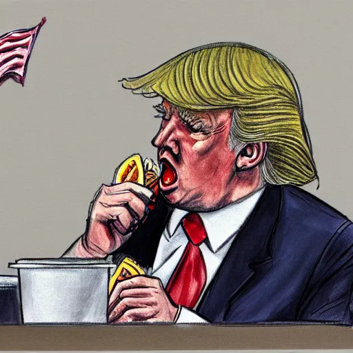 Prompt: Courtroom sketch of Donald Trump eating a Big Mac and making a mess