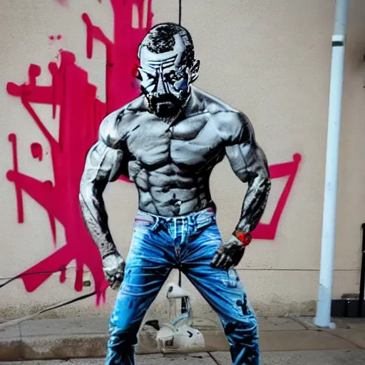 Prompt: Gigachad Muscular Walter White Flexing, Urban Graffiti Banksy, Bordalo, trending on artstation