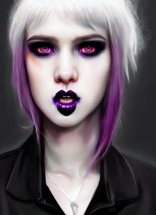 Image similar to portrait of white teenage girl, normal face, white bangs, mall goth, cyberlox, black and white hair, bangs, fluffy bangs, red contact lenses, purple lipstick, intricate, elegant, highly detailed, digital painting, artstation, concept art, sharp focus, smooth, illustration, art by wlop, mars ravelo and greg rutkowski