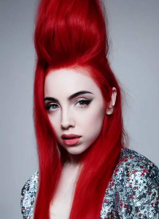 Image similar to ava max bright red hair photographed by charlotte rutherford, canon, highly realistic. high resolution. highly detailed. dramatic. 8 k. 4 k.