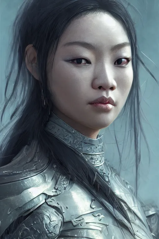 Image similar to Art station concept of Asian woman, fair skin, big eyes, long black hair, no bangs, wearing sculpted textured armor, closes her eye, battle damage, intricate complexity, close-up of the front of the face, resolute expression, back lighting, 4K resolution, symmetric, clear facial features, by Ruan Jia and Mandy Jurgens and William-Adolphe Bouguereau, Karol Bak, smooth, sharp focus, rich deep colors, Unreal Engine 5, digital render, intricate, ultra realistic, concept art,