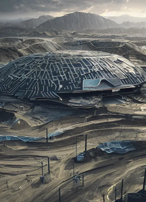 Prompt: techno cyber chuquicamata bioremediation white mining tailing, futuristic horizontal architecture, epic, cinematic, hyperealistic, high detailed, corona render, hdr, ray tracing