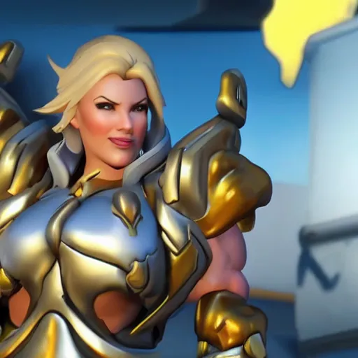 Prompt: a screenshot of arnold schwarzenegger as mercy in overwatch, full body shot