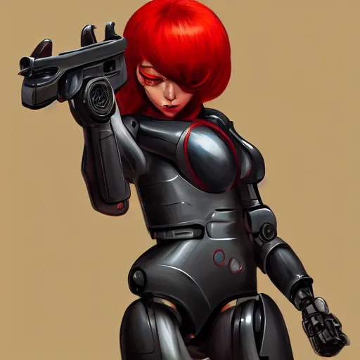 Image similar to a concept art of a robot with red hair holding a gun, highly detailed, digital painting, artstation, concept art, smooth, sharp focus, illustration