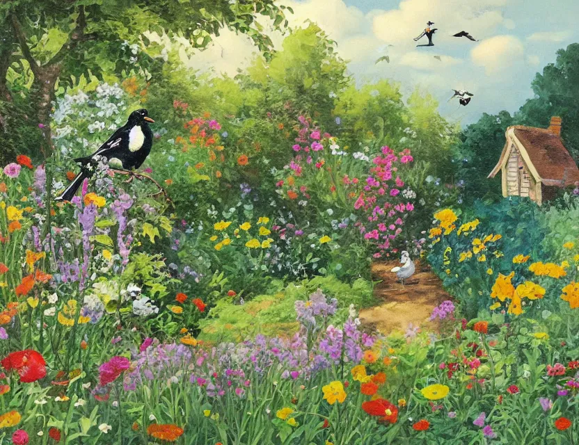 Prompt: magpie in a cottage garden. this oil painting by the beloved children's book illustrator has a beautiful composition, interesting color scheme, flat colours.