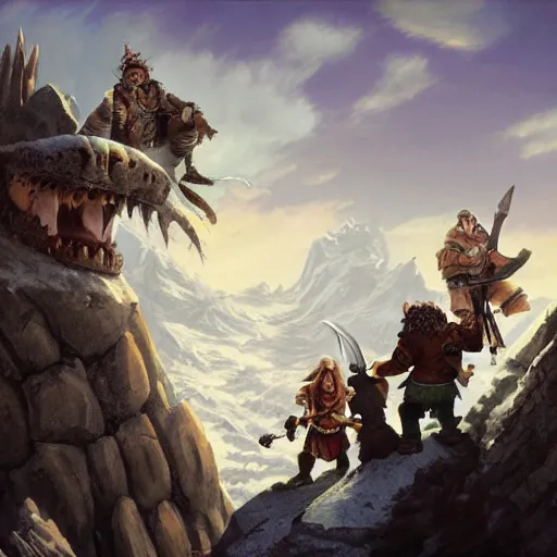 Image similar to an orc barbarian, gnome druid, halfling sorcerer, tabaxi monk, and warforged swashbuckler rogue fighting an adult white dragon on top of an ancient, ice covered fortress at the peak of a mountain, epic fantasy art wide angle, tony diterlizzi, lisa parker, selina fenech
