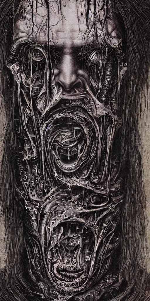 Image similar to portrait of keanu reeves, hyperdetailed, nightmare, abomination, ultrarealistic, by h. r. giger and zdislaw beksinski, science fiction, alien, religious art, mandelbrot fractal, trending on deviantart
