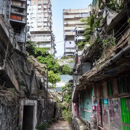 Image similar to View through the streets and upwards of Hashima gradually returning to nature