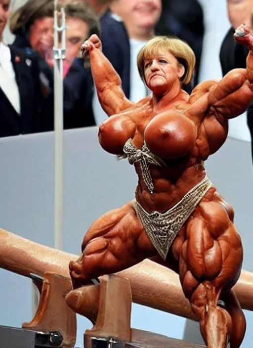 Image similar to angela merkel as a beautiful bodybuilder warrior with armature