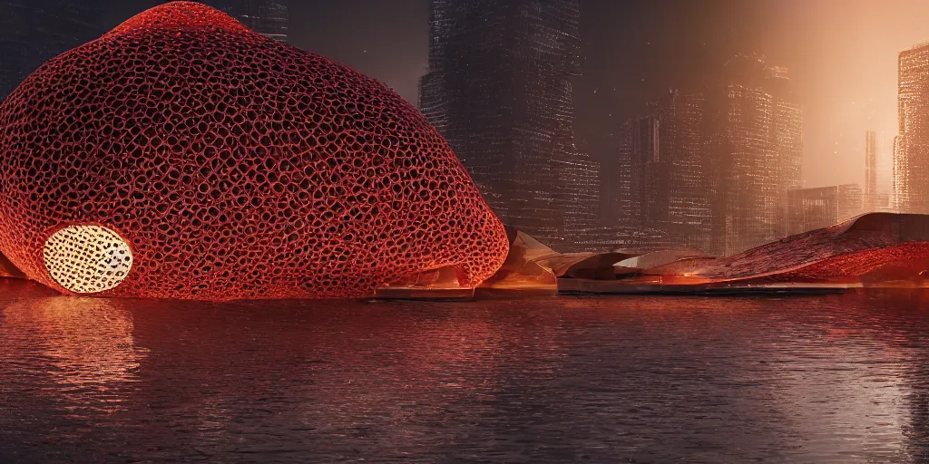 Image similar to An epic architectural rendering of a blob shaped trypophobia house with a mysterious red glow emitting from inside in a modern cityscape next to a river, stunning, gorgeous, golden ratio, photorealistic, featured on artstation, 4k resolution