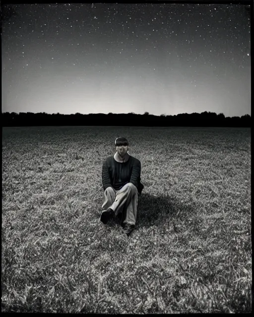 Image similar to man sitting in a huge field, star filled night sky, by gregory crewdson, wide angle, surreal, dark, emotive