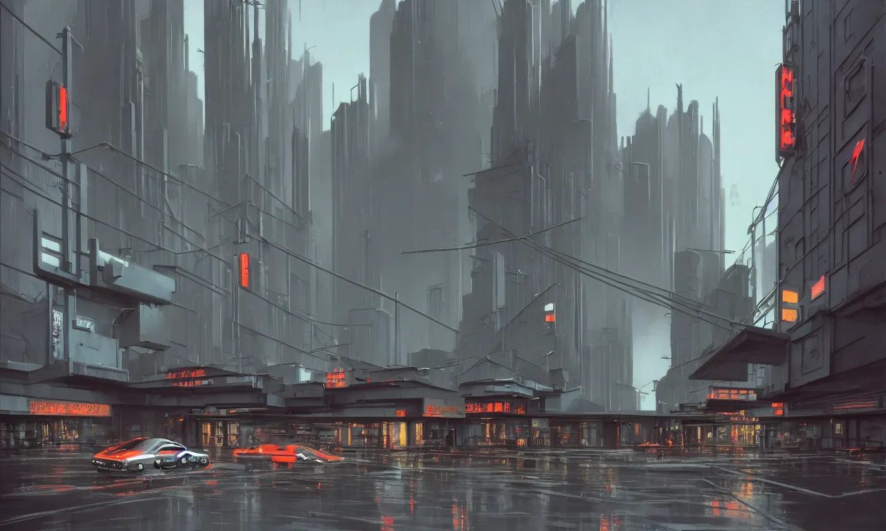 Image similar to streetscape, brutalist buildings, metal, concrete, wet streets, neon lights, neon signs, vehicles, pedestrians, syd mead, ralph mcquarrie, doug chiang, concept art, matte painting, finely detailed, minimal artifacts, rule of thirds, dynamic lighting, cinematic, denoised, centered, artstation