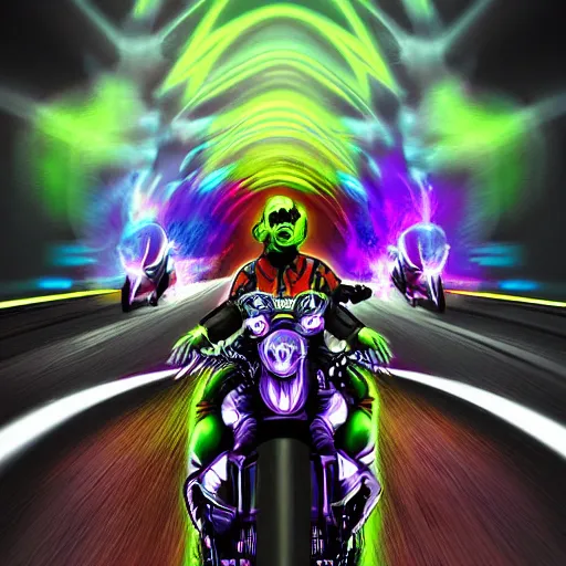 Image similar to psychedelic blacklight neon airbrush artwork, motorcycle, hyper stylized cinematic action shot of an orc racing on a motorcycle, menacing orc, drifting, skidding, wheelie, clear focused details, soft airbrushed artwork, black background, post apocalypse, cgsociety, artstation, peter lloyd art, peter palombi art