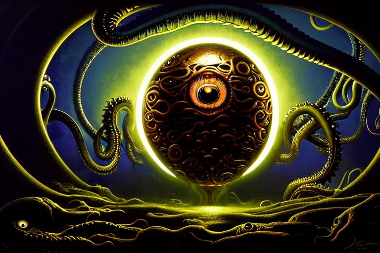 Image similar to a detailed digital art of an alien creature with multiple eyes and tentacles emerges from a glowing orb in the center of a dark, foreign landscape,by Albert Bierstadt, Yohann Schepacz and Laurel Burch,style of grim dark, Kai Fine Art, chiaroscuro, dark academia, copper patina,detailed, ornate, maximalist, 8k, cinematic, compositing, post processing, award winning art,artstationHQ,artstationHD