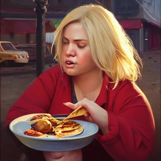 Image similar to portrait of a blonde chubby woman eating kebab, light stubble with red shirt ,digital art,photorealistoc,art by greg rutkowski,hyperdetailed,western comic style,comic,comic style,sharp lineart,professional lighting,deviantart,artstation,trevor henderson,rossdtaws,cinematic,dramatic