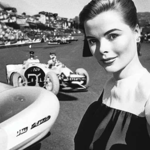 Image similar to selfie smartphone photo of a young Grace Kelly at the Monaco Gran Prix, F1 cars blurred in background, iphone photo, smartphone resolution, trending on instagram, influencer photography