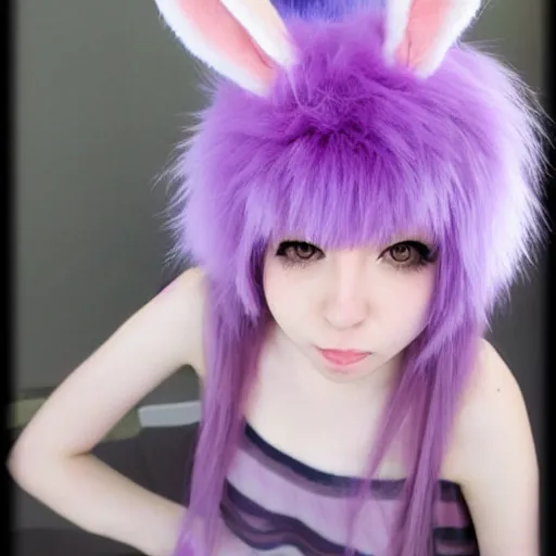 Image similar to bunny furry, pink fur, purple fluffy hair on top of head, anime style