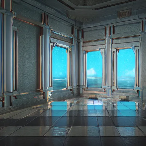 Prompt: liminal space interior of a vaporwave mansion high detail 3D rendered render in unreal engine 8K god rays volumetric lighting trending on art station