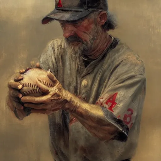 Image similar to weathered hands griping an aged baseball, by jeremy mann, anders zorn, greg rutkowski.