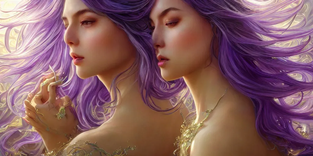 Image similar to wide angle, opalescent purple panther, metallic silver and ice color reflected crystal hair, leaping from babaob tree, fantasy, intricate, very beautiful, elegant, golden light, highly detailed, digital painting, artstation, concept art, smooth, sharp focus, unreal engine, art by wlop and tian zi and alphonse mucha