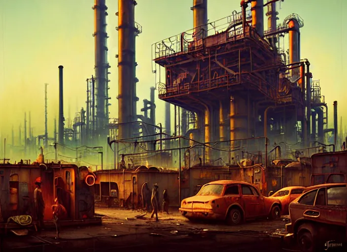 Prompt: waiting in line for crude oil by simon stalenhag and gil elvgren and tom bagshaw and marc simonetti and jan miense molenaer and arthur adams, dystopian slums, refinery diner, highly detailed, hyperrealism, smog, high contrast, smogpunk, oilpunk, high saturation, intricate complexity, gas masks