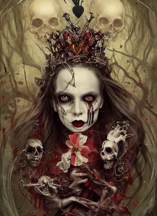 Image similar to Queen of Hearts, Alice in Wonderland, Death Tarot card,highly detailed,half skull face,cinematic,8k,by Stanley Artgermm,Tom Bagshaw,Greg Rutkowski,Carne Griffiths, Ayami Kojima, Beksinski, Giger,trending on DeviantArt,hyper detailed,horror, full of colour