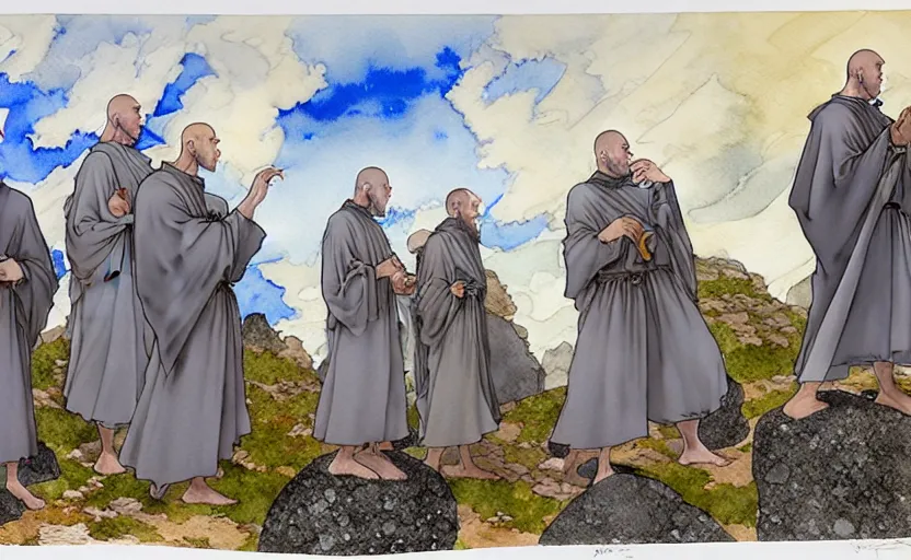 Image similar to a hyperrealist watercolour concept art of a group of medieval monks in grey robes pointing up at five large stones floating in the sky. by rebecca guay, michael kaluta, charles vess and jean moebius giraud. high detail, hq, wide shot