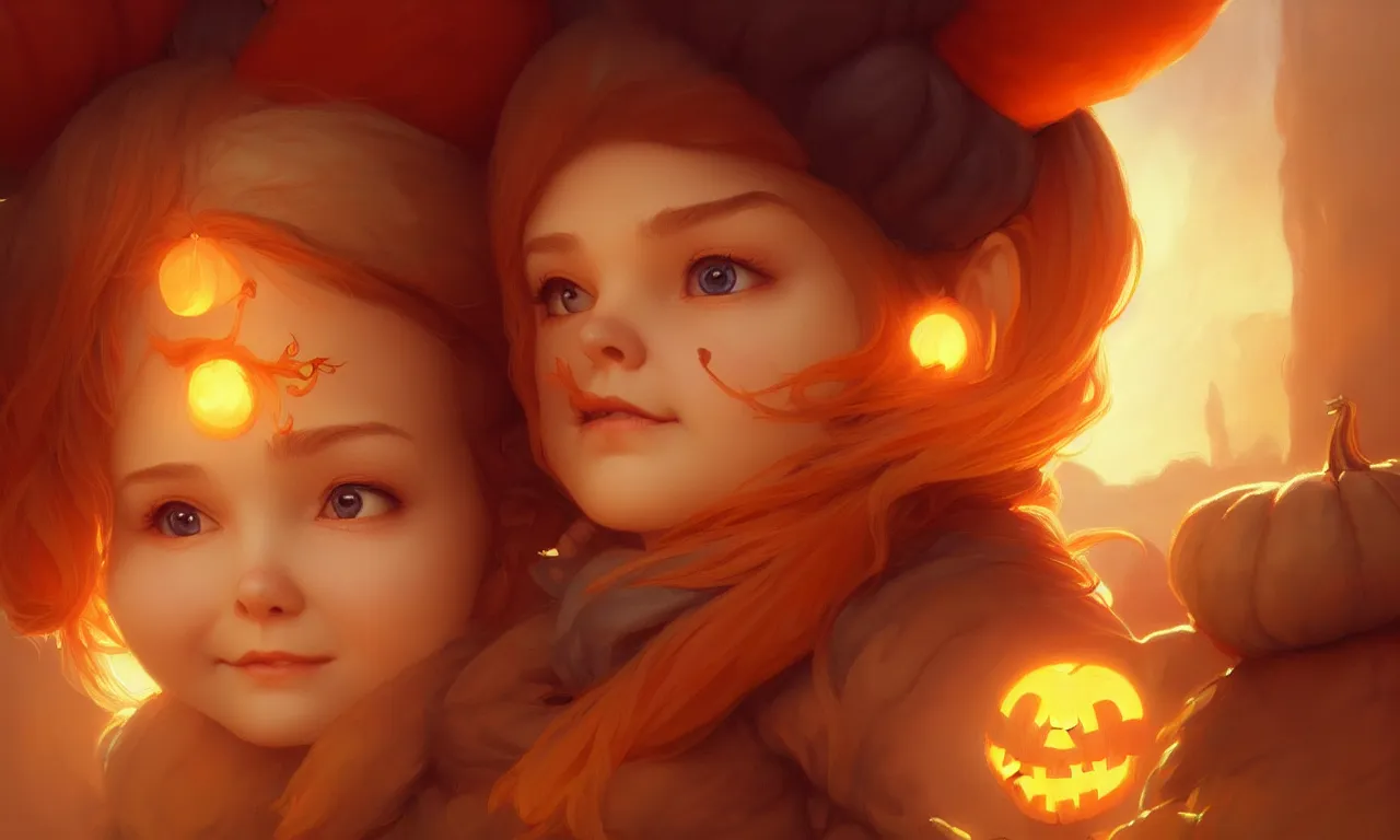 Image similar to hand drawn cute one gnomes face in autumn and pumpkin, detailed closeup face, concept art, low angle, high detail, warm lighting, volumetric, godrays, vivid, beautiful, trending on artstation, art by artgerm and greg rutkowski and alphonse mucha