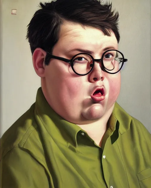 Prompt: a portrait of a goofy looking man with short brown hair and green eyes, wide face, strong jawline, thick rimmed glasses, slightly overweight, nerdy, attractive, button - up shirt, handsome and attractive, masculine features, oil on canvas, very detailed oil painting, painting in the style of hyperrealism