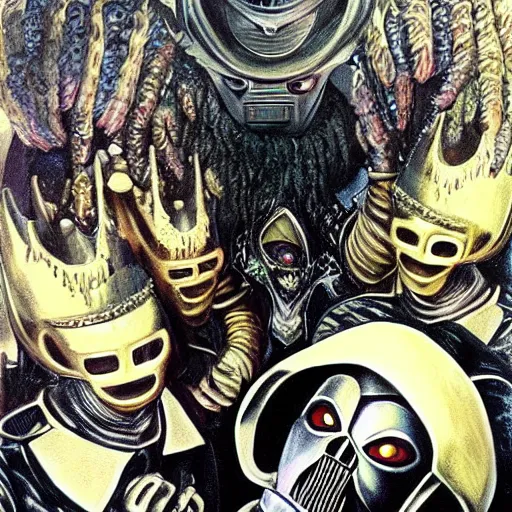 Prompt: beautiful lifelike painting of mf doom as king ghidora being taken to your leader, hyperreal detailed facial features and uv lighting, art by ed roth and basil wolverton