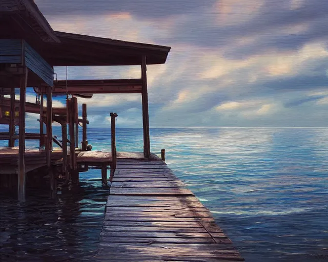 Prompt: fine art painting of a long wooden dock overlooking a tranquil blue sea, artstation, cgsociety, very detailed, intricate, masterpiece