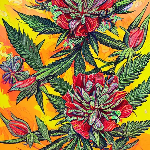 Image similar to intricate painting of marijuana flowers by james jean trending on artstation, vivid colors, woman dancers