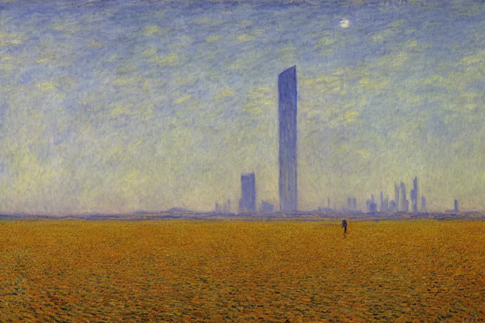 Prompt: sci-fi painting of many skyscraper in distant mirage, on the vast wheat fields, only one humanoid robot on the ground, by Monet, godrays, detailed