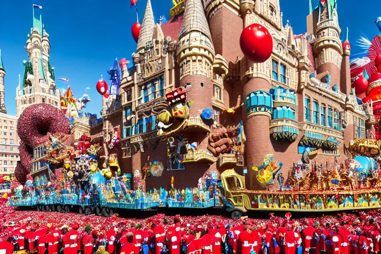 Prompt: photo of giant beautiful elaborate parade float castle designed by greg rutowski and geof darrow, in the macys parade, detailed 4 k photo, gigapixel, hyperdetailed