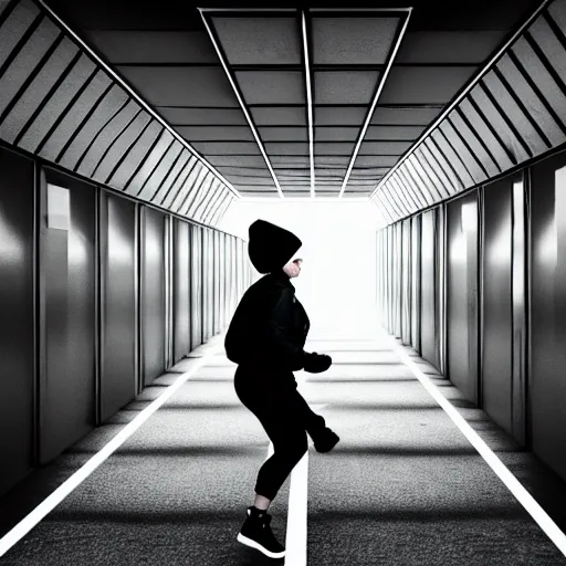 Image similar to woman running down hallway, wearing black beanie and black bomber jacket, holding shotgun, in an underground lab, MC Escher style architecture, sterile, unknown location, light and shadows, fire, bullet shells flying, 4k, cinematic, unreal engine