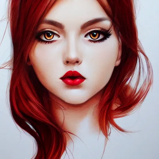 Image similar to a realistic illustration portrait of a beautiful cute girl with wavy black red hair, a pointy nose and, round chin black eyeliner, trending on artstation, intricate sift lighting, realistic