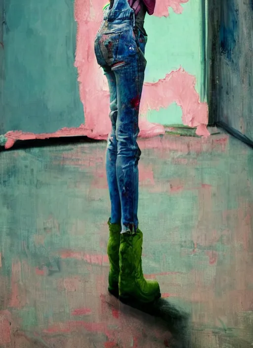 Image similar to an insane, skinny, artist wearing dirty, torn overalls, expressive painting, inside a grand messy studio, depth of field, hauntingly surreal, highly detailed oil painting, by francis bacon, edward hopper, adrian ghenie, glenn brown, soft light 4 k in pink, green and blue colour palette, cinematic composition, high quality octane render, masterpiece