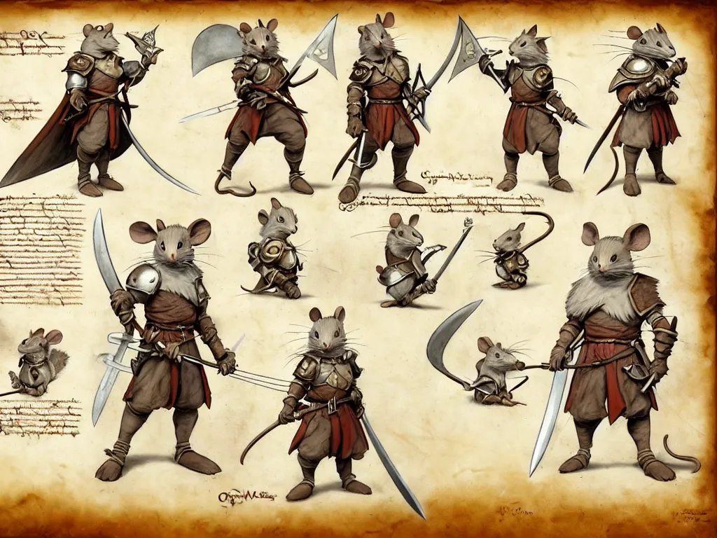 Image similar to character design sheet for a heroic mouse knight with sword and shield on a parchment background, redwall, greg rutowski and jean baptiste monge, very very detailed, epic fantasy concept art