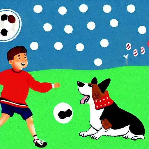 Image similar to illustration of french boy in paris playing football against a corgi, the dog is wearing a polka dot scarf