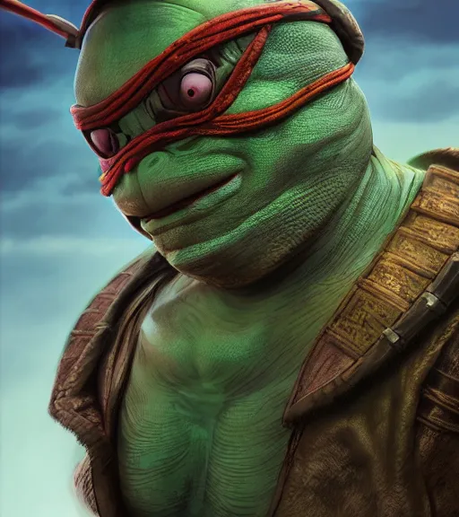 Prompt: an epic fantasy comic book style portrait painting of a weird ninja turtle, studio ghibli, unreal 5, daz, hyperrealistic, octane render, cosplay, rpg portrait, dynamic lighting, intricate detail, harvest fall vibrancy, cinematic