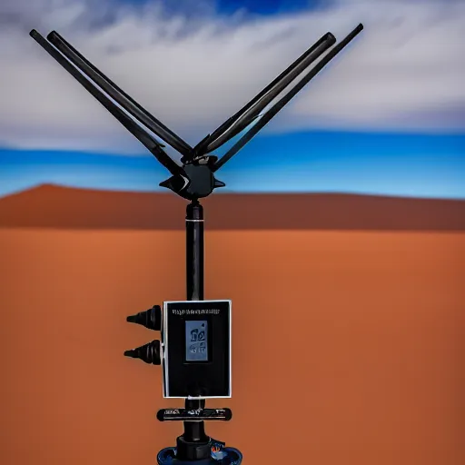 Image similar to peaceful mobile camoflaged rugged weather station sensor antenna on all terrain tank wheels, for monitoring the australian desert, XF IQ4, 150MP, 50mm, F1.4, ISO 200, 1/160s, dawn