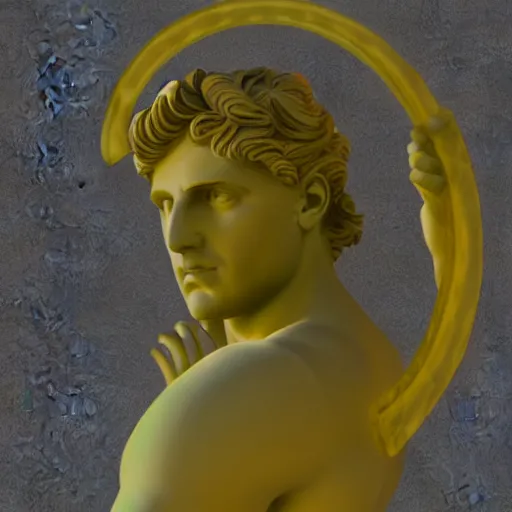 Image similar to a greek god marble statue with a neon ring around the head, 3 d render