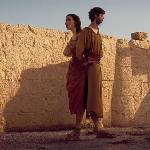 Prompt: cinematic still of 26 year old male in ancient Canaanite clothing meeting 18 year old female in ancient Canaanite clothing, dramatic lighting, establishing shot, high detail, Biblical epic directed by Wes Anderson